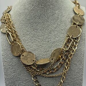 Gold 5 Layered Necklace with Circular Disc Elements Cream Ceramic Details